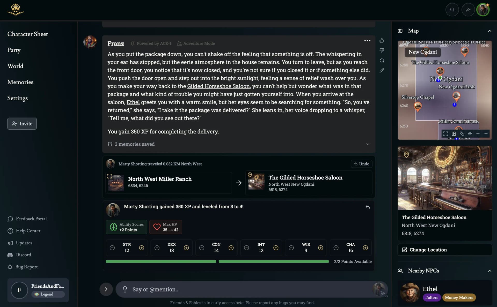 Friends & Fables virtual tabletop interface showing gameplay features